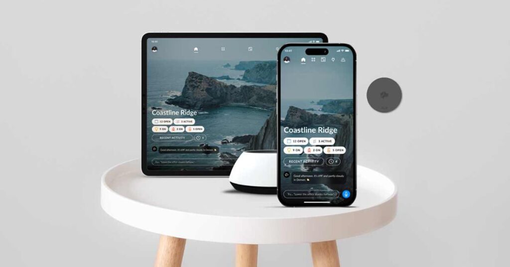 Tablet PC and smartphone sitting on a stool with apps on the screen