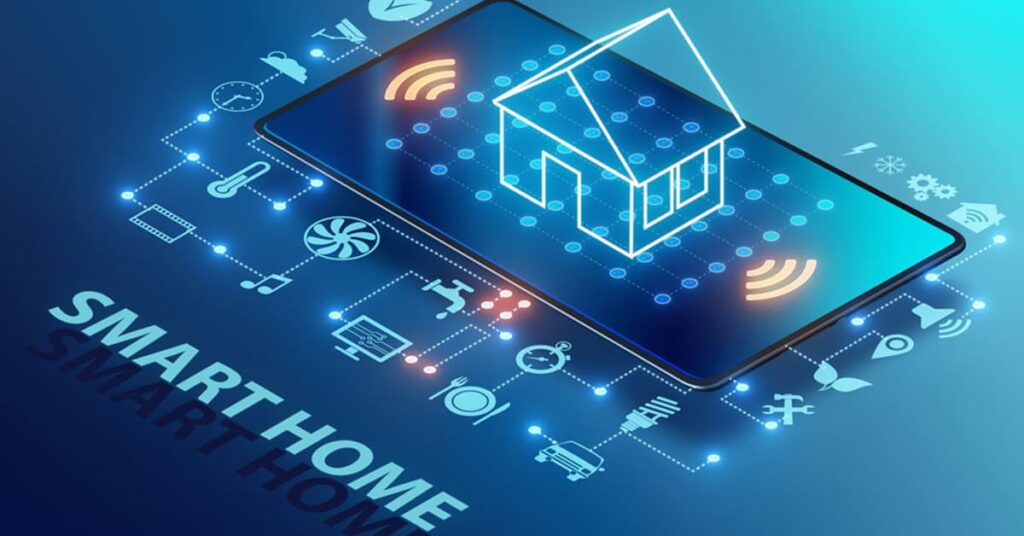 AI generated image in blue of a home outline on a smart phone with various icons around it and the word "Smart Home"