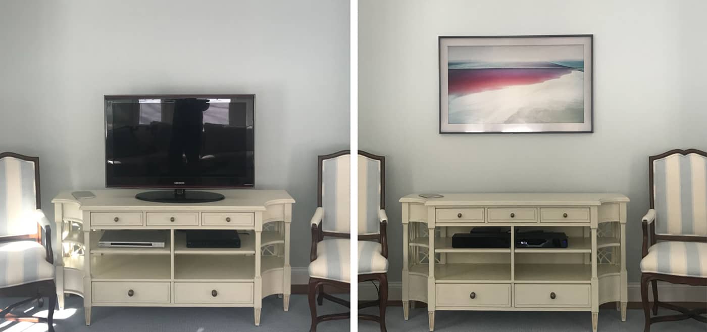 Before and after image of a flat screen TV on a desk on the left to being on the wall on the right
