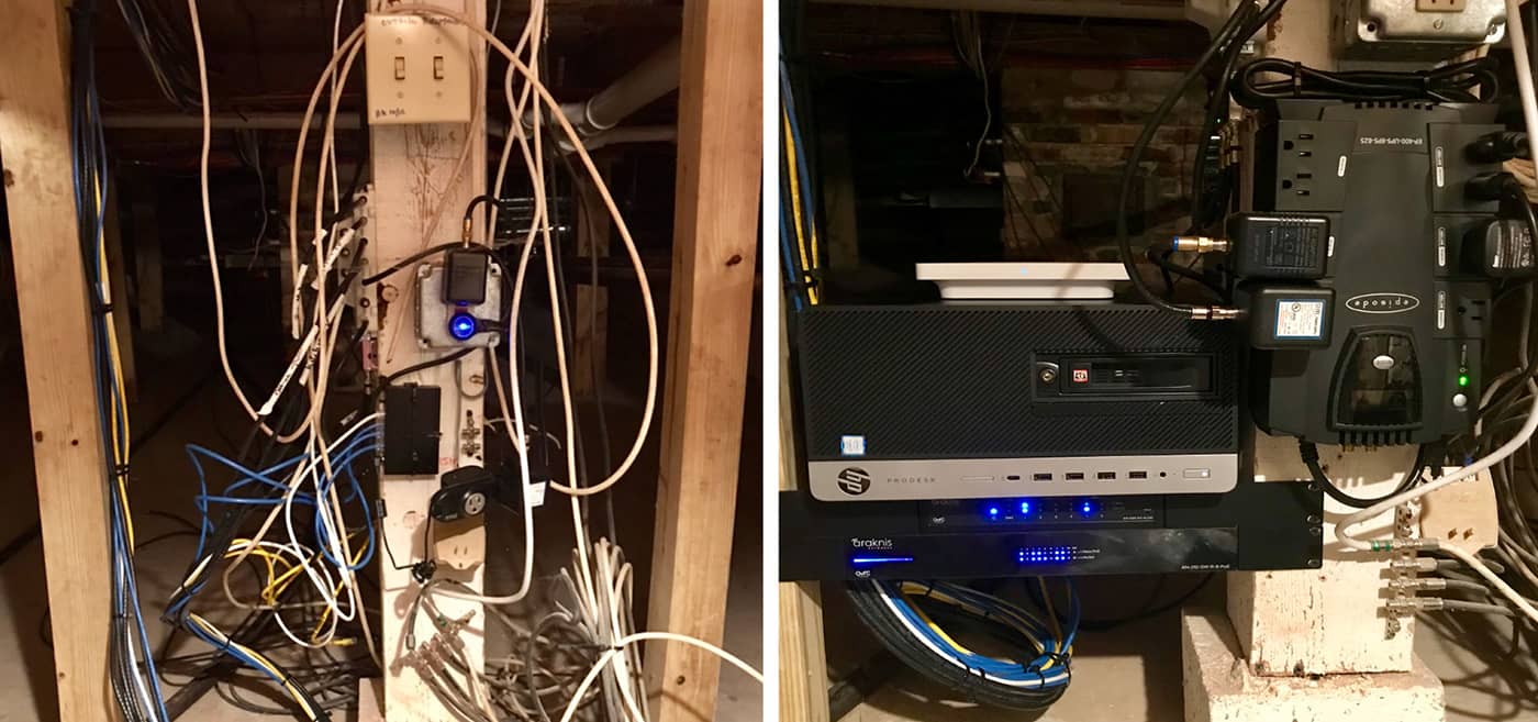 Before and after image of an empty close space on left and an in stalled multimedia system on the right