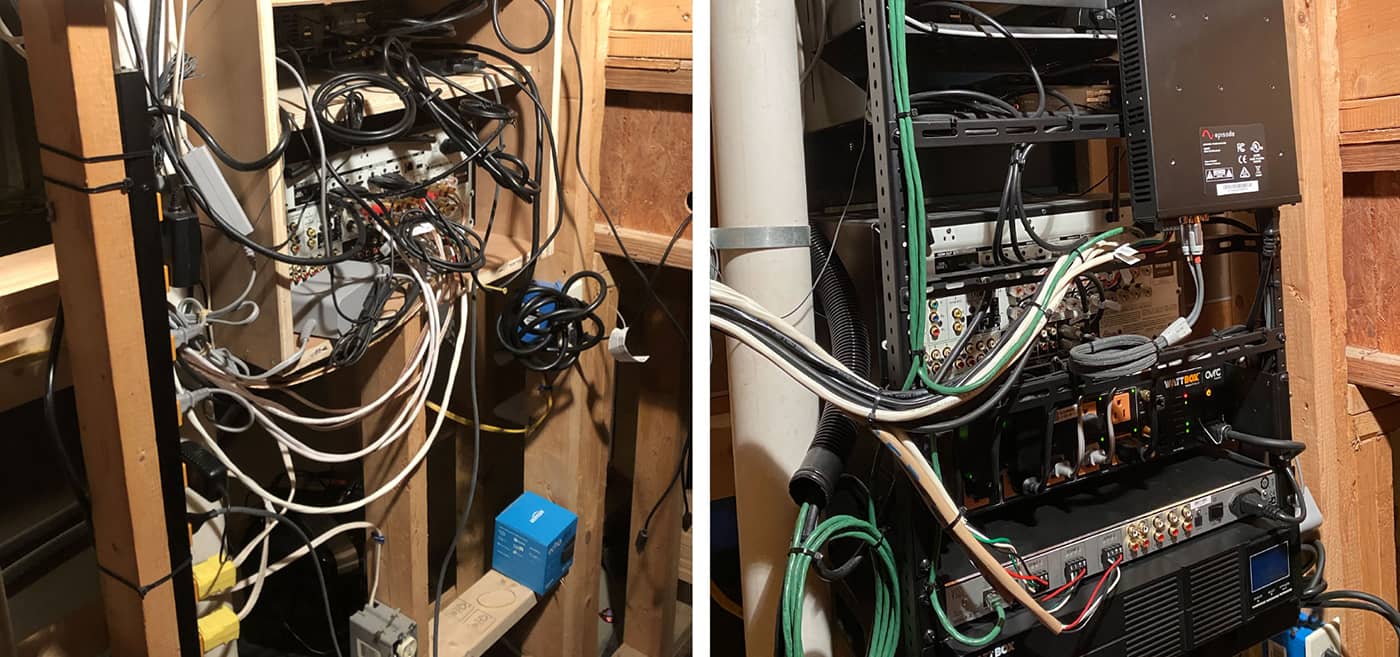 Two images of wiring used for media room with receiver and amplifier