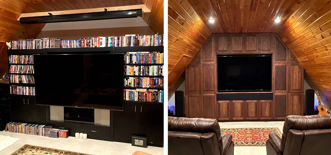 Before and after image of a home theater room with lots of videos on the wall on left and cabinet storage on the right with a flat screen TV on the wall