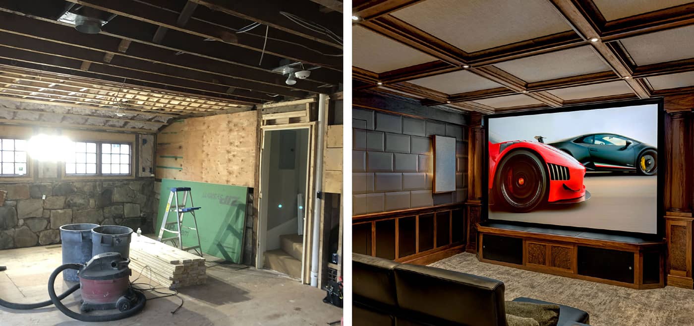 Before and after images of work done on a home theater room with a large screen TV