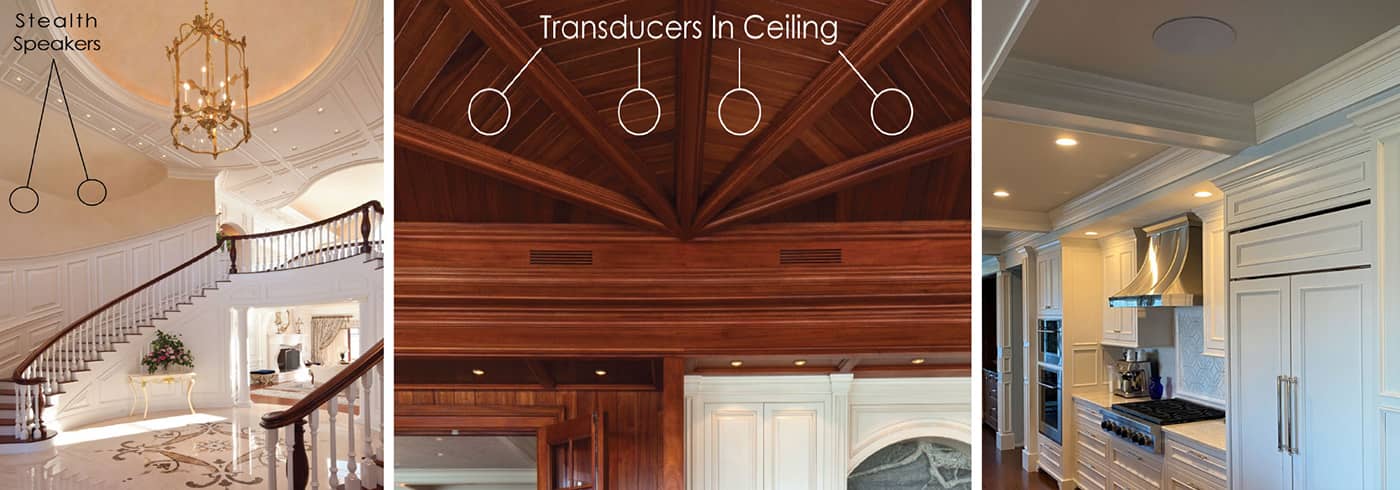 Three images showing ceilings with hidden speakers and transducers