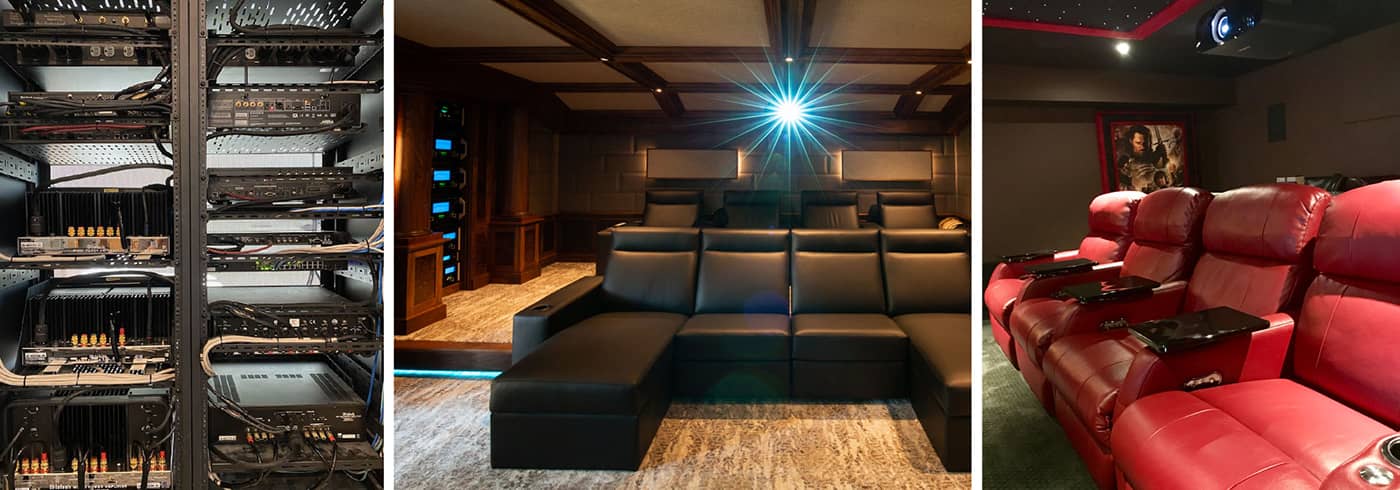 Three images showing home theater room with red and black lounge chairs and several amplifiers