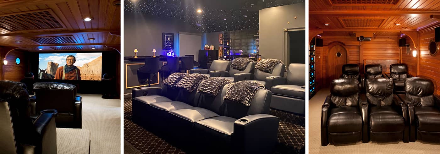 Three images of home theater rooms with black couches and lounge chairs and a large screen TV on the wall