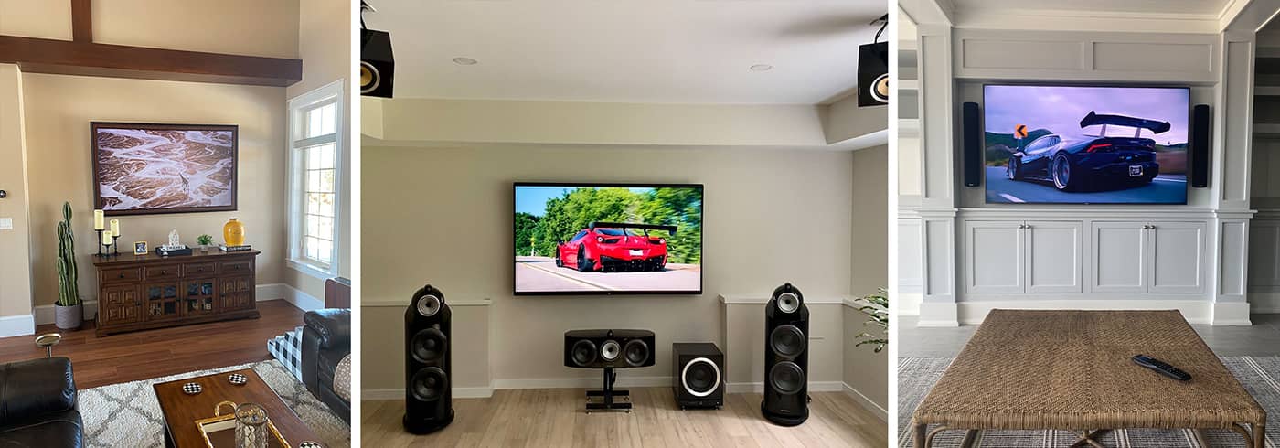 Three images showing home theater systems with flat screen TVs on the wall