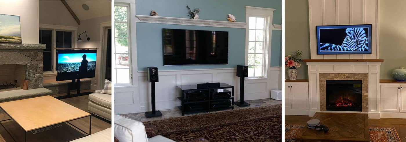 Three images of media rooms with flat screen TVs on the wall