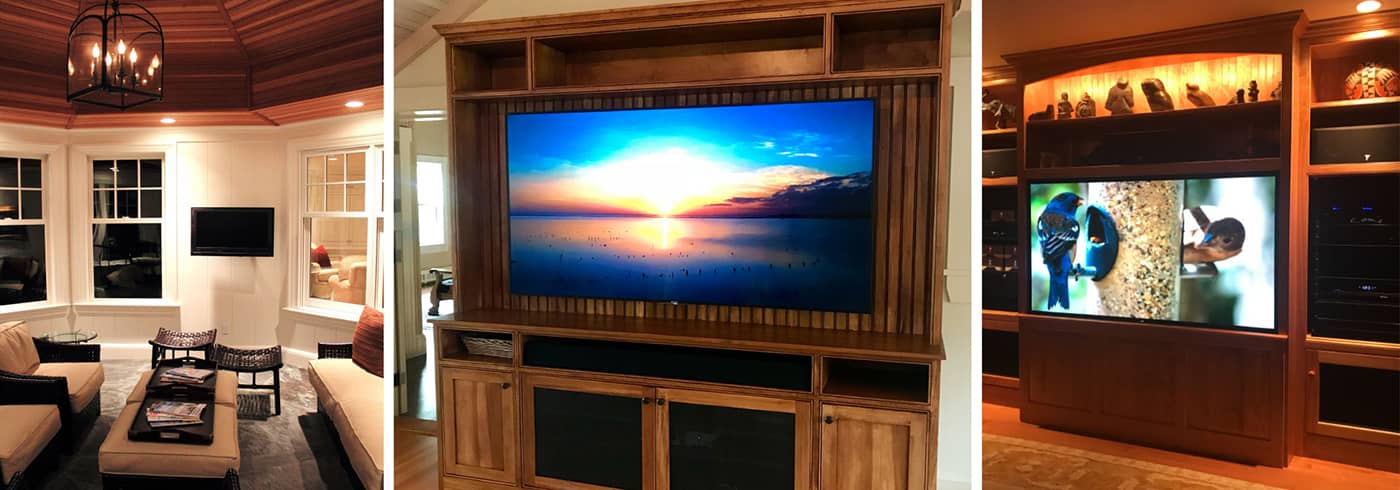 Three images of rooms with TVs on the wall and in entertainment centers