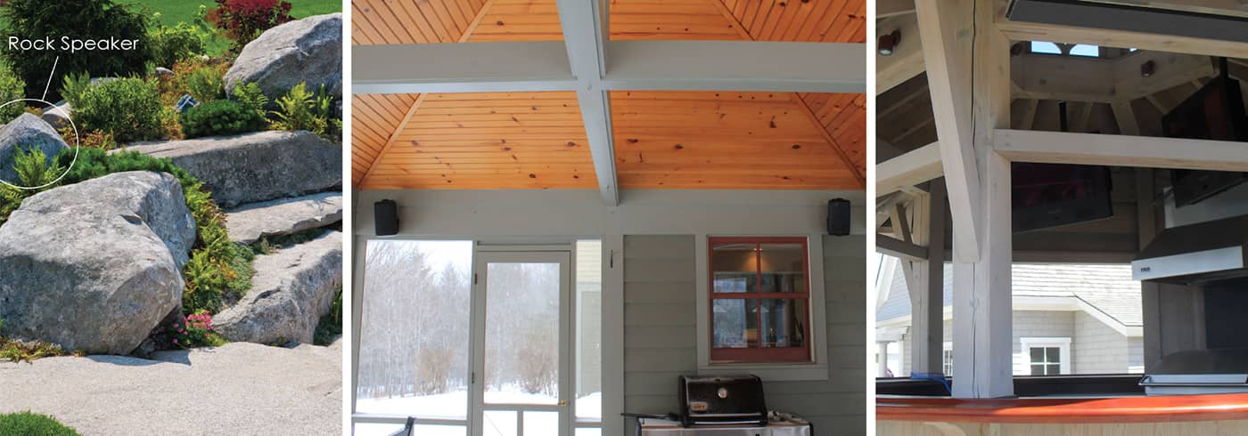 Three images showing several areas with hidden outdoor speakers