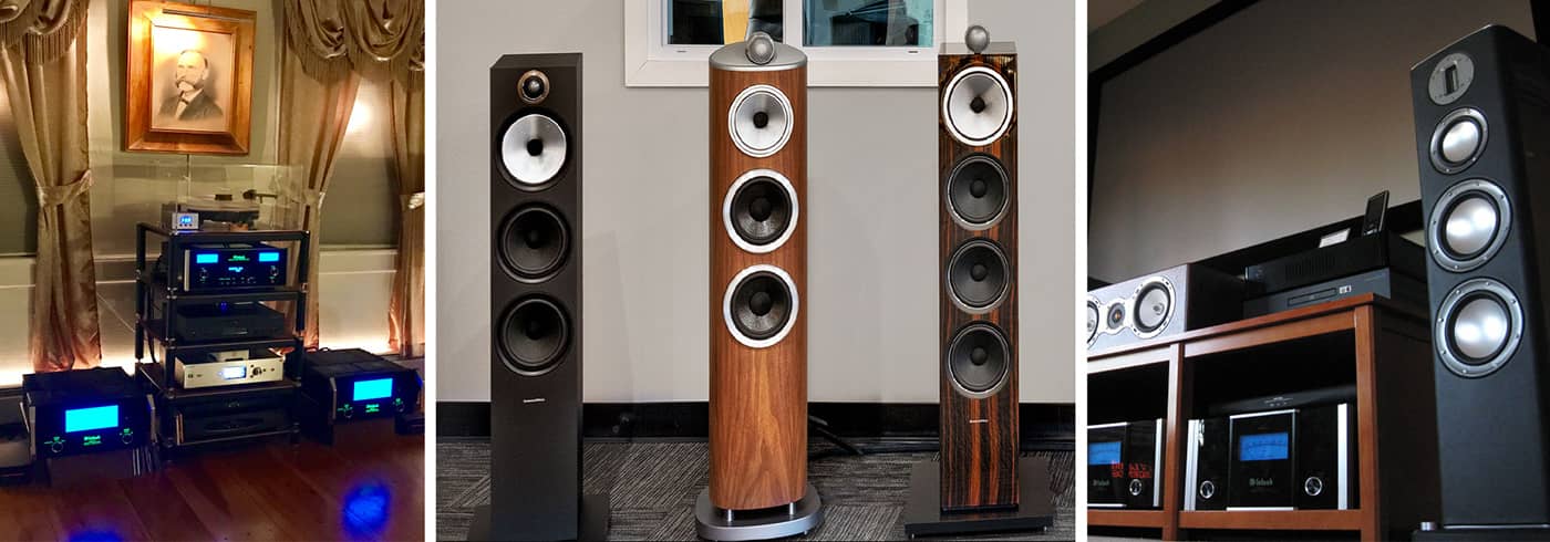 Three images of stereo speakers, receivers, and amplifiers