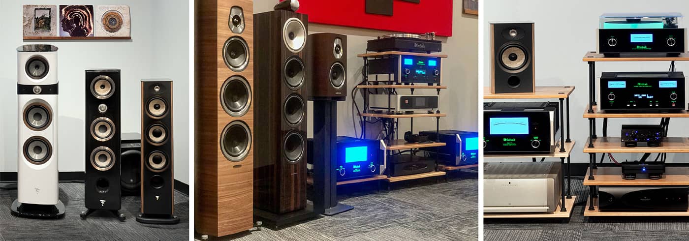 Three images of various tower stereo speakers