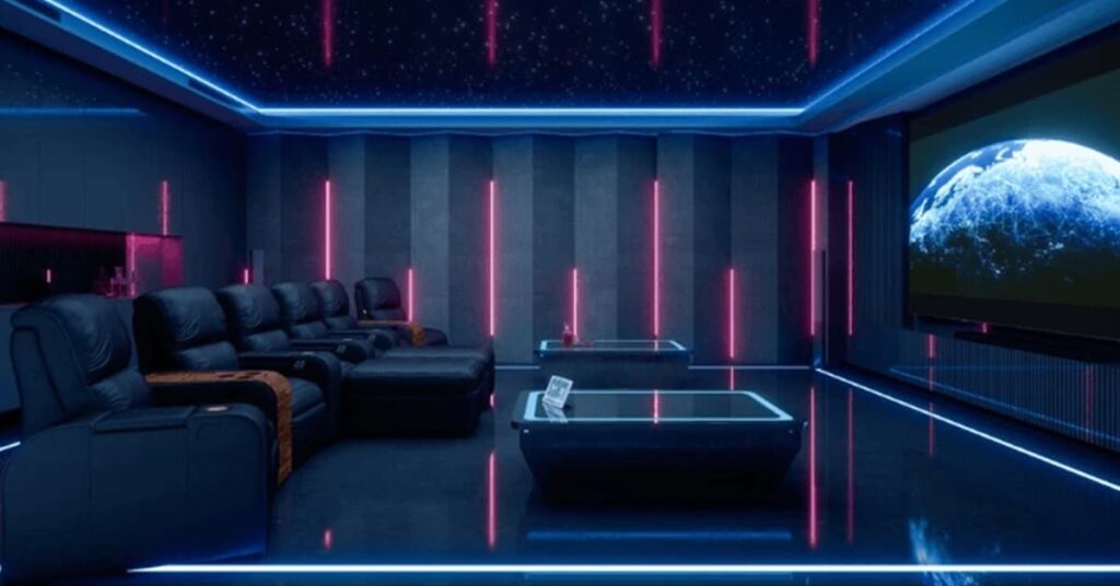 A dedicated home theater with reactive lighting responding to the screen