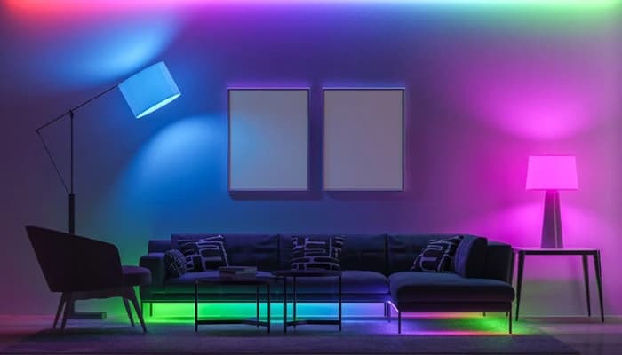 A living room with colored lighting waiting to sync with music