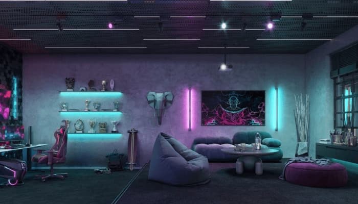 A dedicated game room with colored mood lighting
