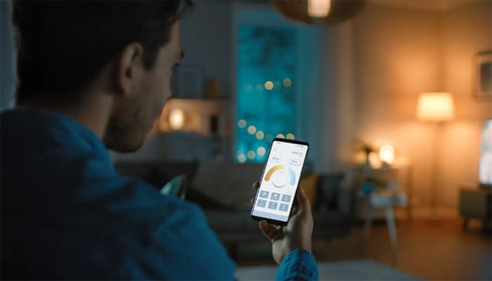 A man adjusting his lighting to warm ambient lighting for relaxing