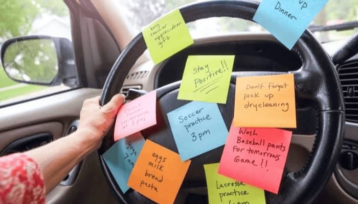 Steering wheel with errand reminders all over it