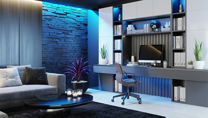 modern and minimalist apartment interior living room with home office