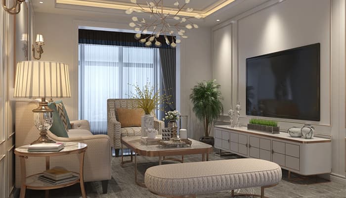 European-style living room with high-end furniture and recessed TV