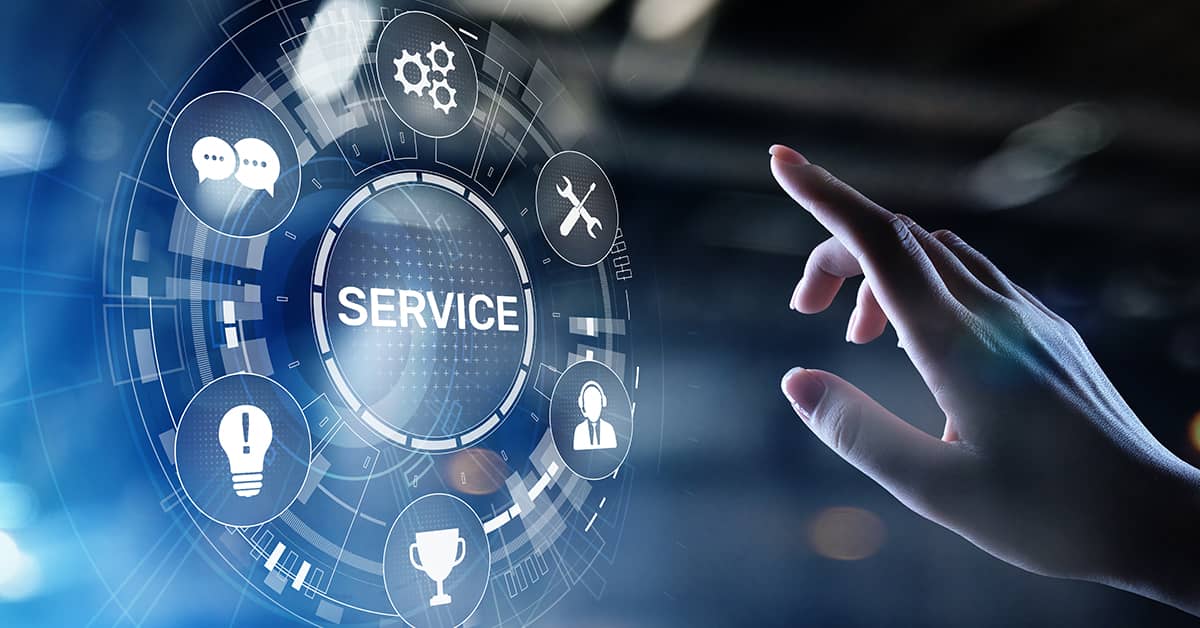Technical image of a hand pointing to a circle with the word "Service" in it with various icons around it