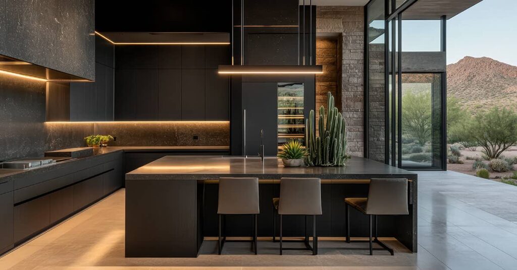Modern kitchen in different shades of tan and brown with a large island in the middle with a cactus on it and LED strip lighting with a view outdoors to the right