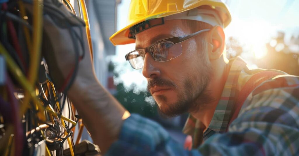 Service technician with eyeglasses in a yellow hard hat working on wiring