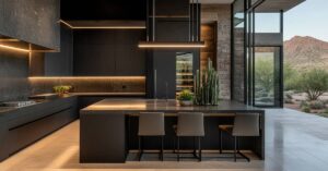 Modern kitchen in different shades of tan and brown with a large island in the middle with a cactus on it and LED strip lighting with a view outdoors to the right