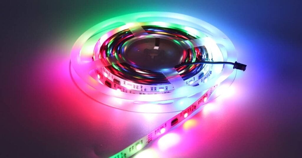 Roll of a digital LED lighting strip with multiple colors on them