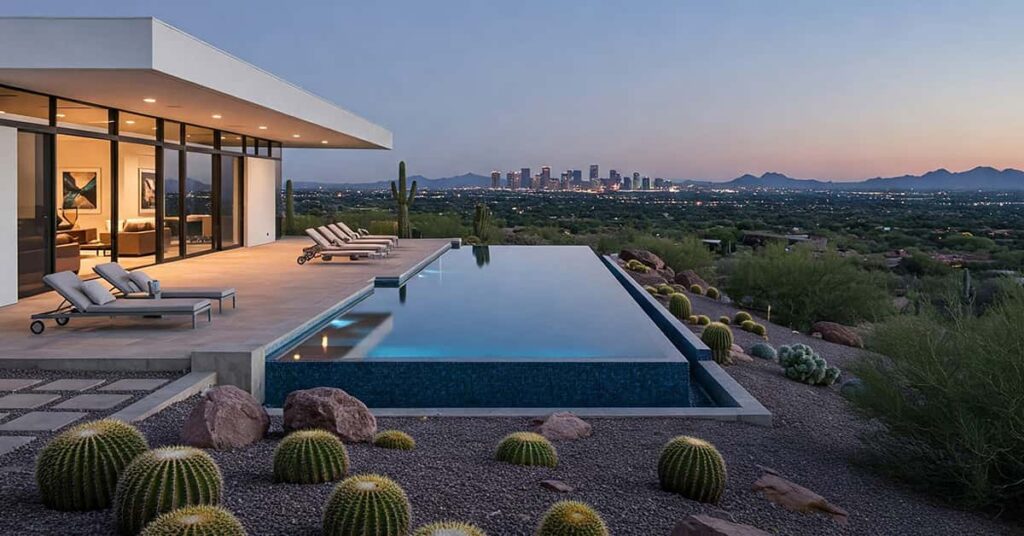 Modern home in the desert to the left with an infinity pool in the center and a view of the city in the background