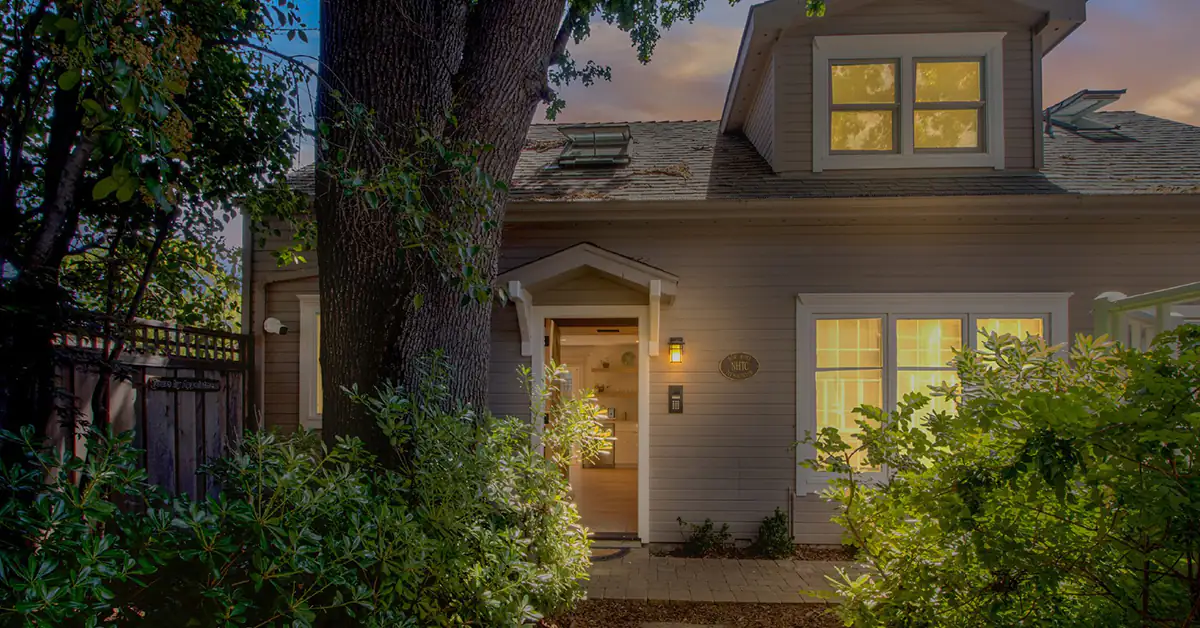 cyberManor model home exterior in the evening
