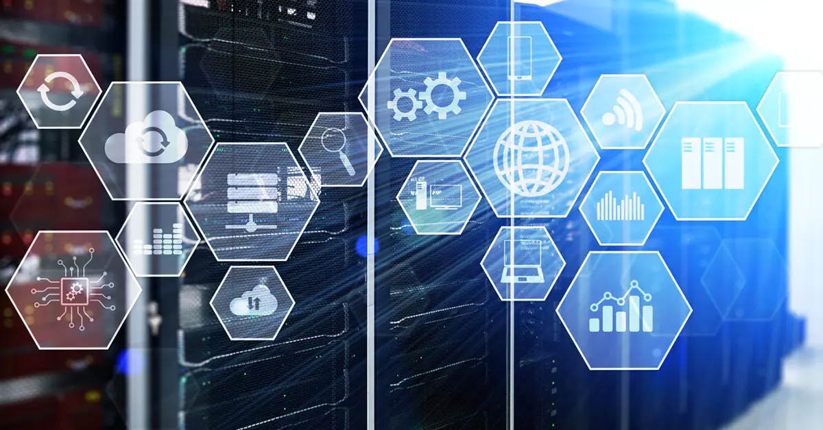 Graphic showing several icons in hexagons in front of a stack of servers