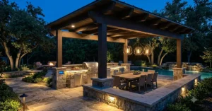 Covered outdoor patio area at night lit up with a grilling area, table with chairs, and a pool in the back