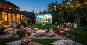 Outdoor backyard area with several couches and a surround sound system in the evening with a group of people watching a movie on an outdoor projector system