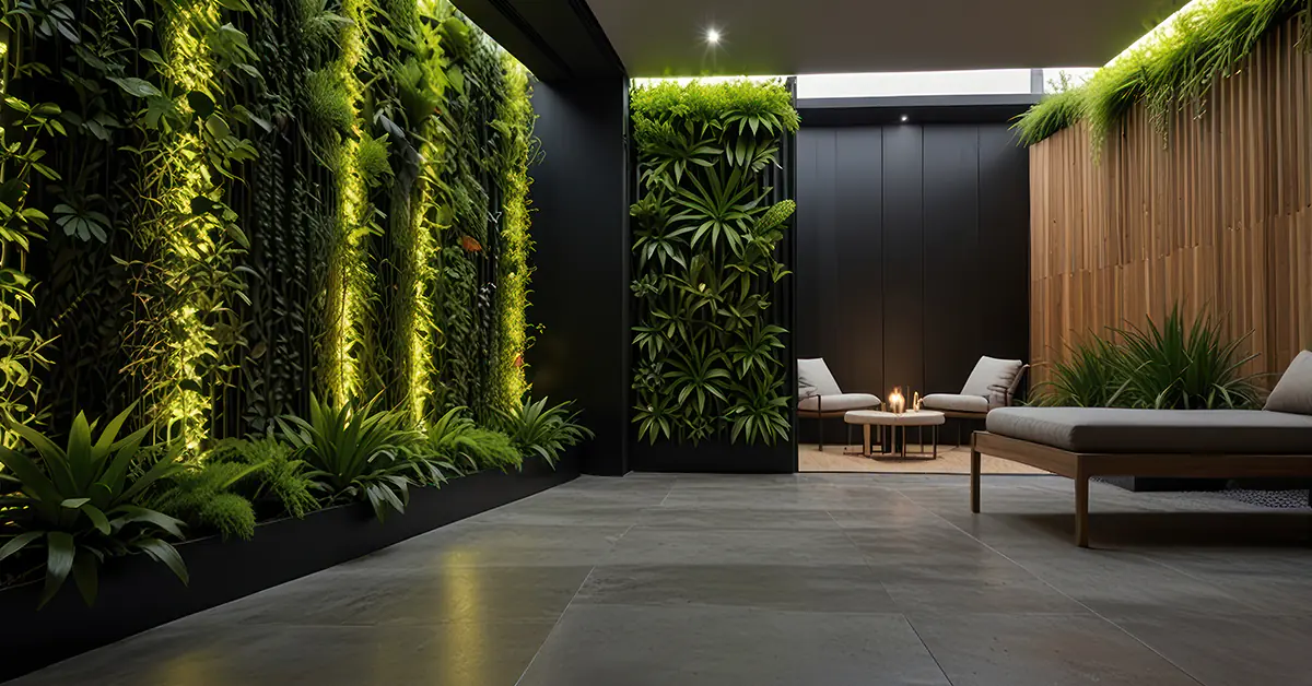 Covered outdoor area with vegetation on the walls and a lounge area towards the back