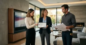 Three people discussing home technology optimization plans in a living area which has a fireplace to the rear and a large flat screen TV on the all to the left