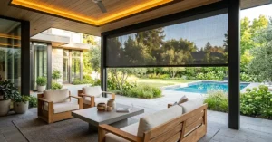 Covered outdoor patio area with several couches around a table with motorized shades and an inground pool in the back