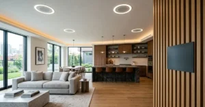 Modern living area with a gray couch to the left next to full-height windows and a kitchen area to the right with lighted speakers in ceiling