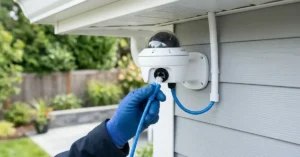 Person plugging a network cable into an outdoor security camera mounted on a wall